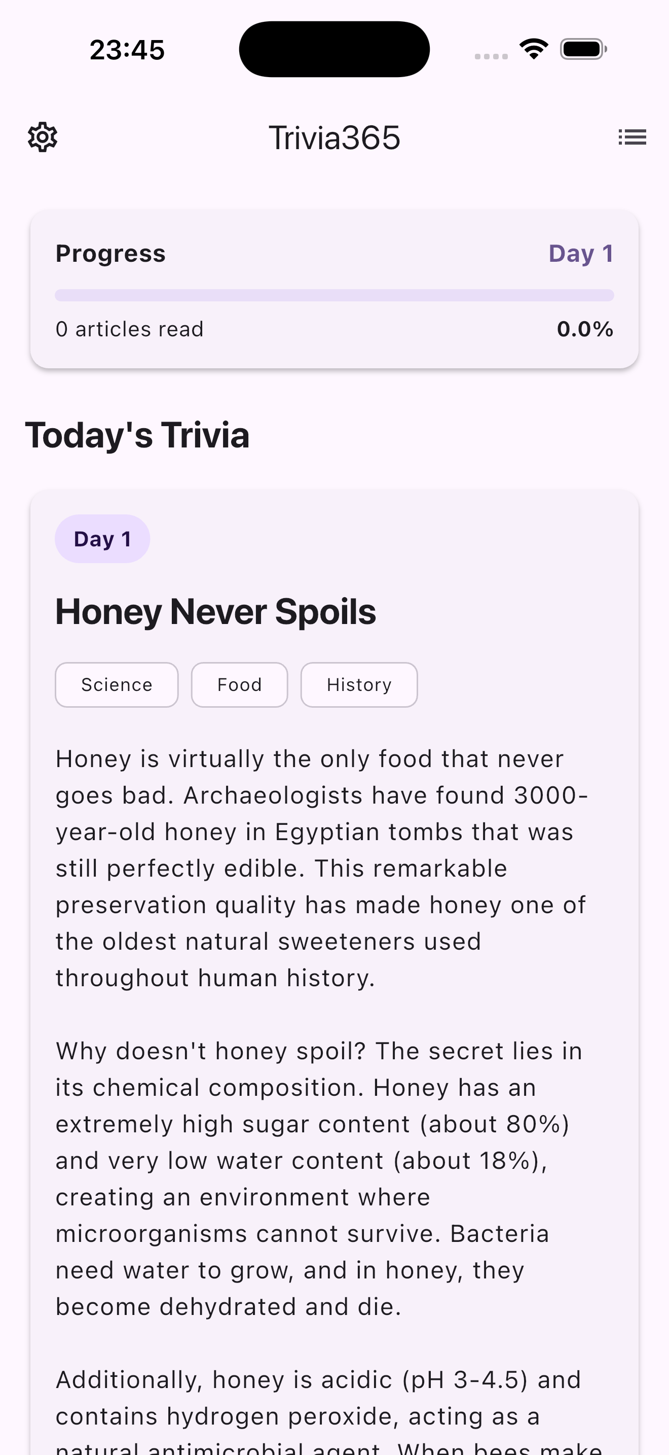 Trivia365 app screenshot - Home screen